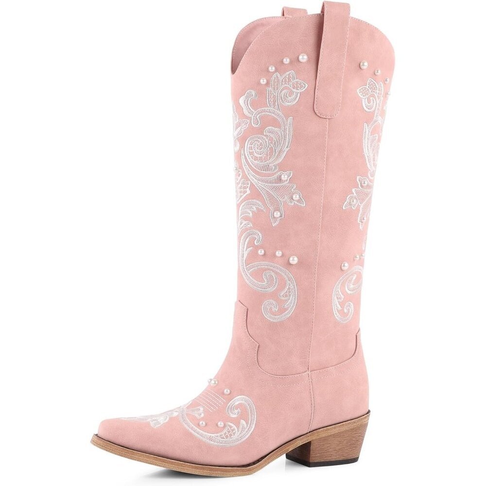 Women Pink Faux Leather Knee High Classic Embroidered Slip On Chunky Heel